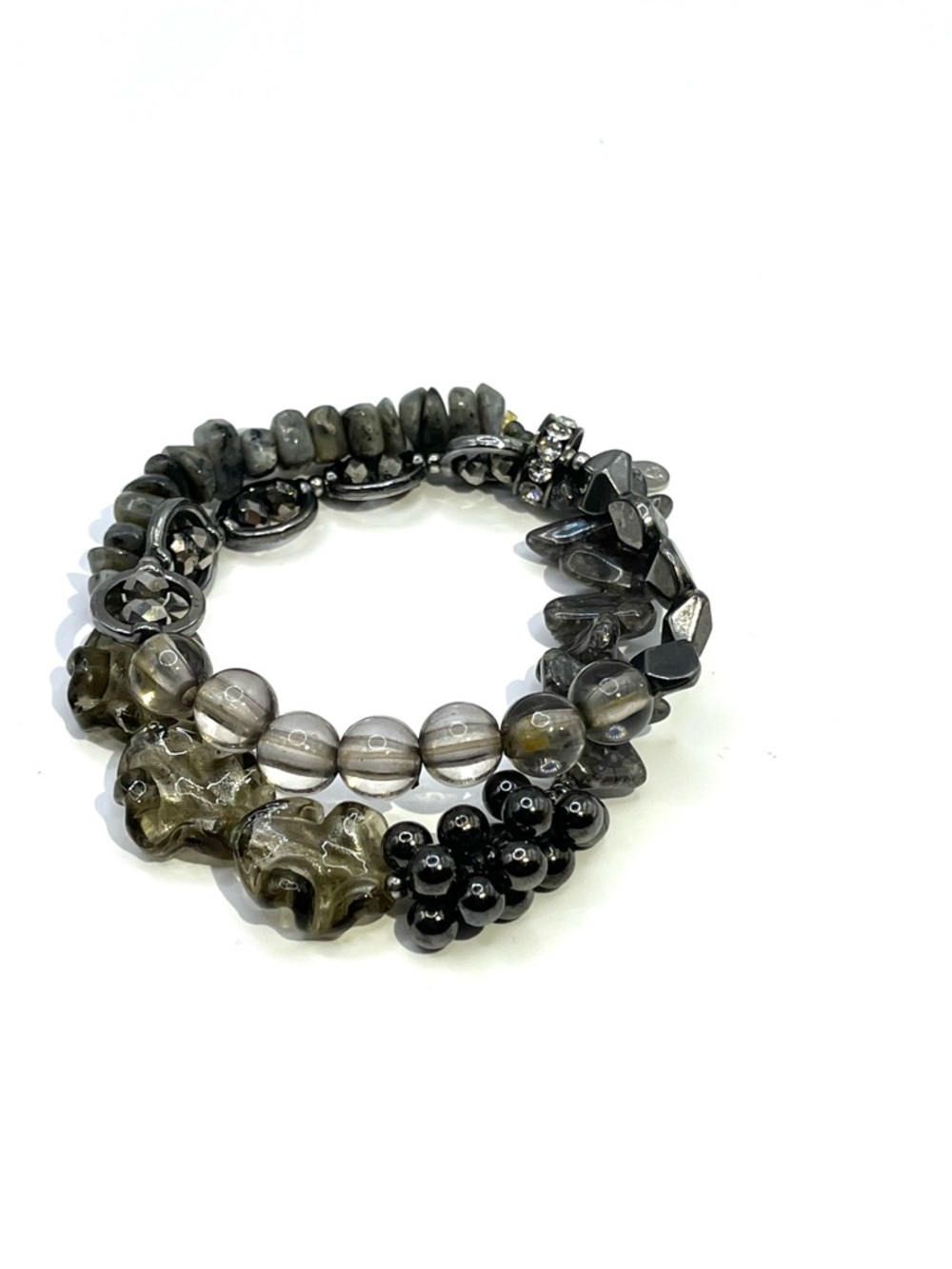 Treska Gray Beaded Silver Stretch Double Bracelet Set Gray Gun Metal Bracelets
